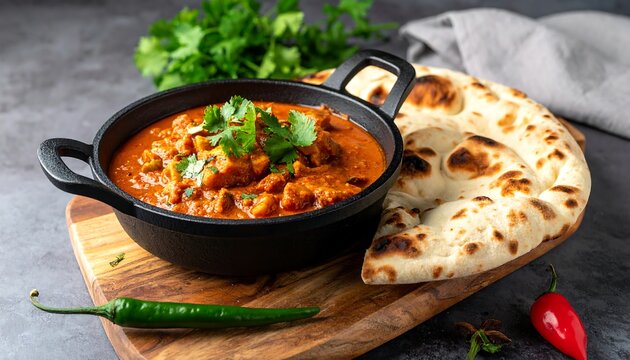 A savory dish of meat in red sauce with herbs in a black bowl, accompanied by naan bread on a wooden board
