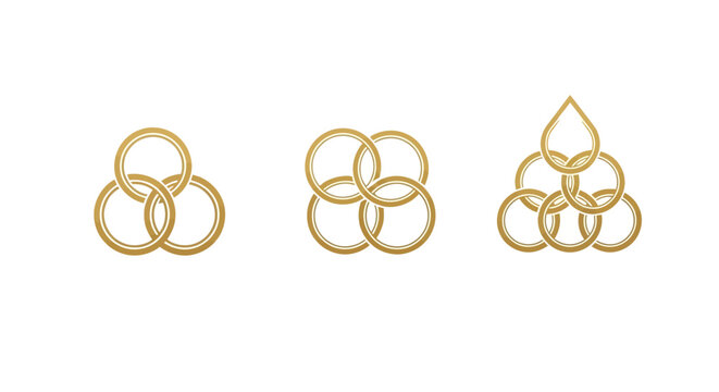Three Intricate Golden Ring Designs on White.