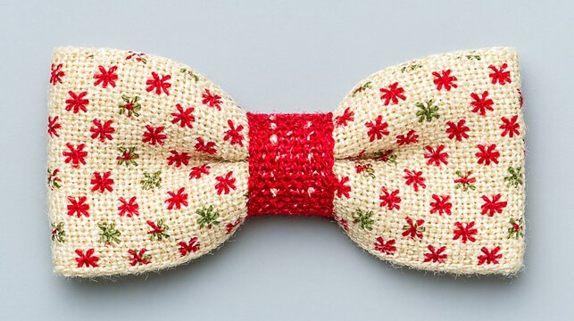 red and green bowtie made of a course fiber material such as hemp
