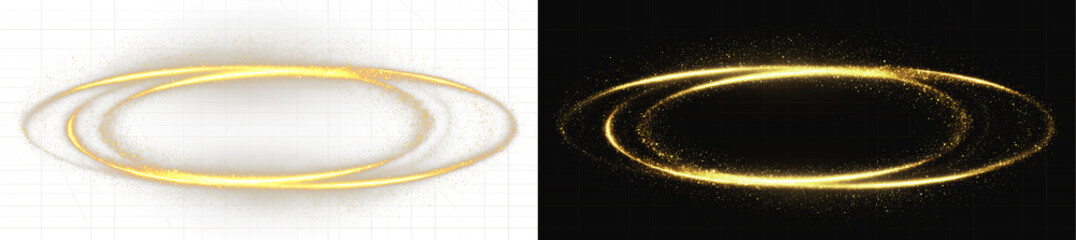 Double golden glowing orbital rings in perspective on black and white background © Maxim