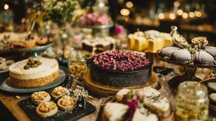 Fototapeta premium Assorted Delicious Cakes and Desserts Displayed Elegantly at a Festive Gathering with Soft Indoor Lighting for a Warm and Inviting Atmosphere