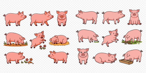 Cute cartoon pig characters in various poses and actions, isolated vector illustration set. © Akun