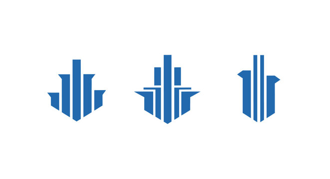 Three blue abstract geometric shield icons set.