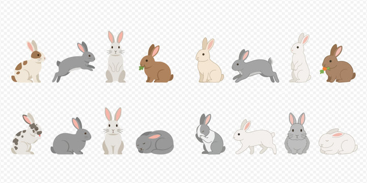 Set of cute cartoon rabbits in various poses and colors, isolated on transparent background.