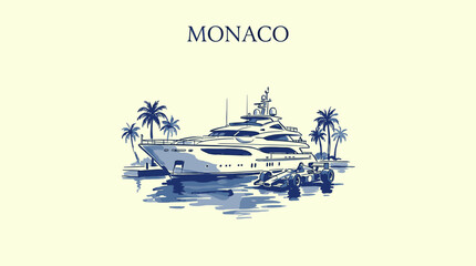 Obraz premium Elegant Monaco harbor scene with luxury superyacht and Formula 1 car, minimalist blue watercolor illustration for travel posters and apparel design