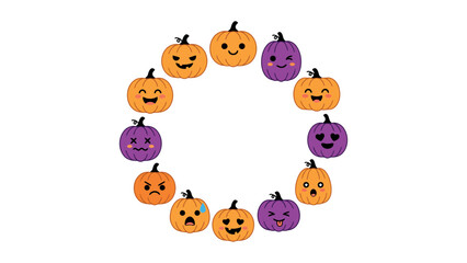 Fototapeta premium A circular arrangement of cute colorful Halloween pumpkins with various expressive faces