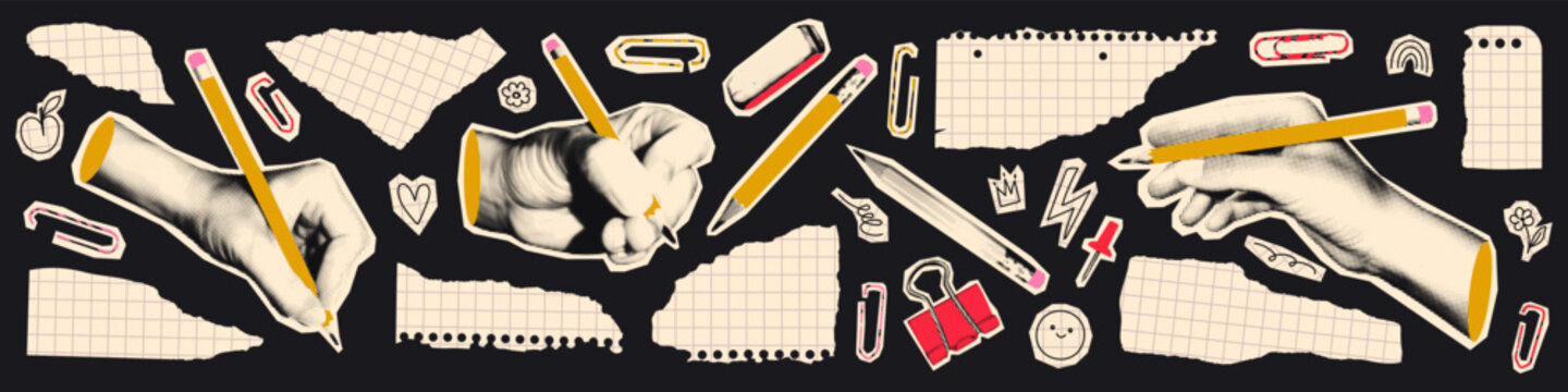 Back to school collage elements with torn grid paper scraps for notes, doodle school supplies, vintage cutout hands writing, ripped notebook pieces and scrapbook stickers. Retro vector set isolated