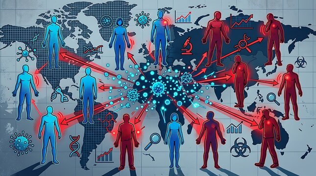 Digital visualization of global virus spread across a world map with human silhouettes
