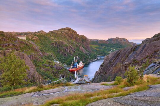 Titanium mining industry in Norway. Ilmenite (iron titanate ore) mine by Jossingfjord in Rogaland county, Norway.