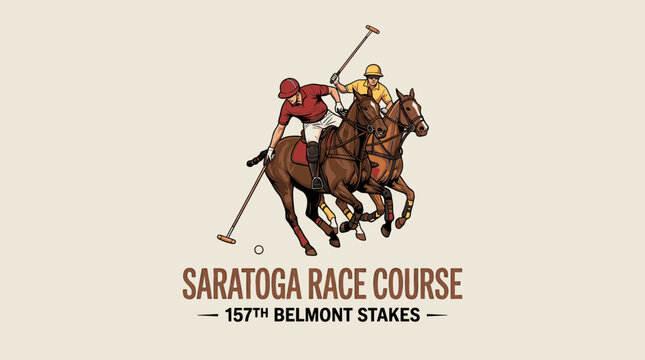 Dynamic vintage polo players on galloping horses during a match, retro graphic vector illustration for t-shirt design and sports branding.