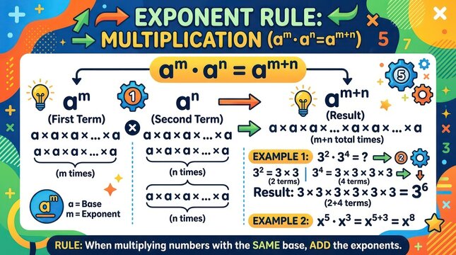 Educational infographic showing multiplication rule for exponents with algebraic examples.