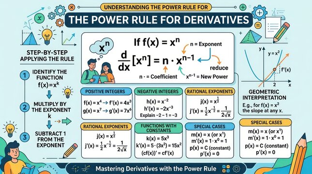 Derivative power rule guide showing calculus steps for differentiation of functions map.
