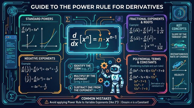 Calculus power rule guide for finding derivatives illustrated with technical robot graphics.