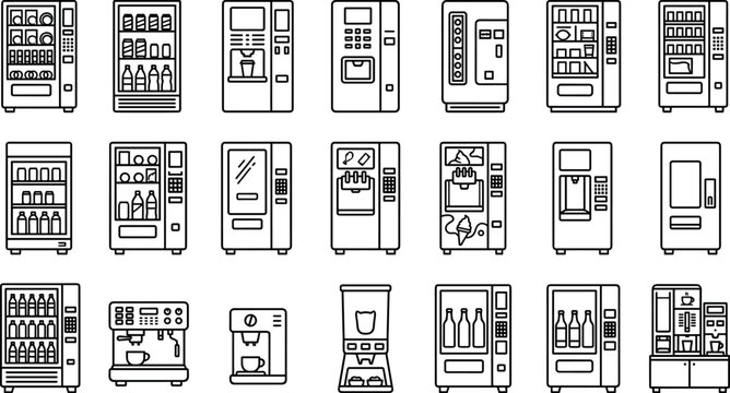 Black outline vector illustrations of commercial snack vendors soda machines and espresso dispensers,