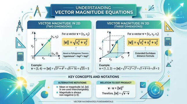 Educational infographic explaining vector magnitude formulas in two and three dimensions.