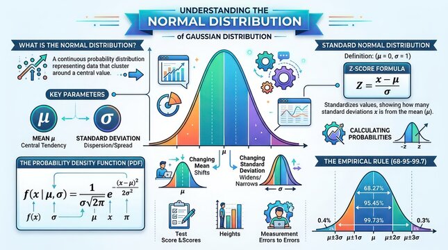 Educational poster detailing normal distribution key parameters and z score calculation.