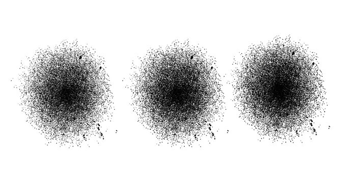 Three circles made of black ink dots and messy splatter particles on a plain surface