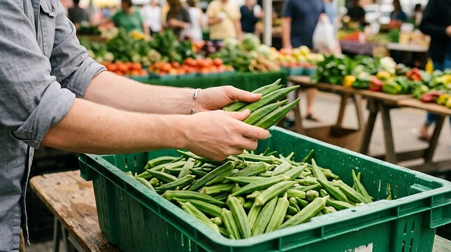 Person holding okra over a crate of okra at an outdoor market green okra vegetable green crate