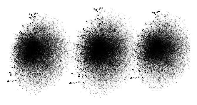Three circles made of black spray paint splatter dots arranged in a horizontal line for artistic design elements