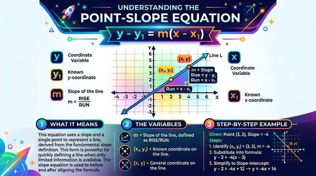 Educational infographic explaining point slope equation for linear algebraic functions now.