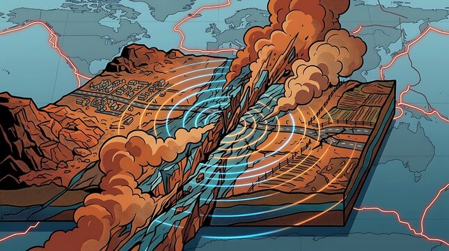 Cross section diagram showing earthquake tectonic plate movement and seismic waves