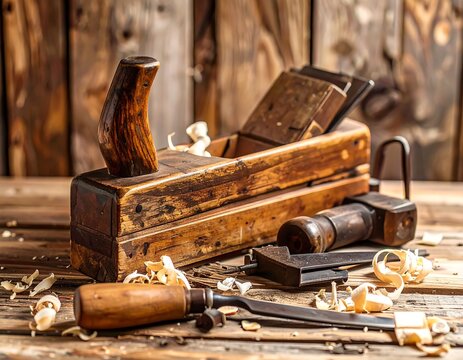 Vintage Wood Plane on Workshop Table