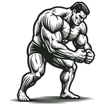 Vector engraving illustration of a muscular bodybuilder flexing his muscles. Monochrome retro athletic male figure isolated on a white background.
