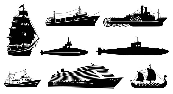Collection of various ship and boat silhouettes.
