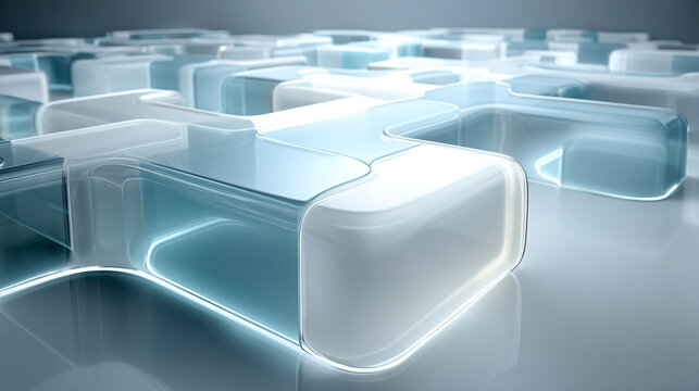 Futuristic abstract design featuring transparent, glossy shapes arranged in grid pattern. smooth, reflective surfaces create modern and sleek appearance, evoking sense of innovation