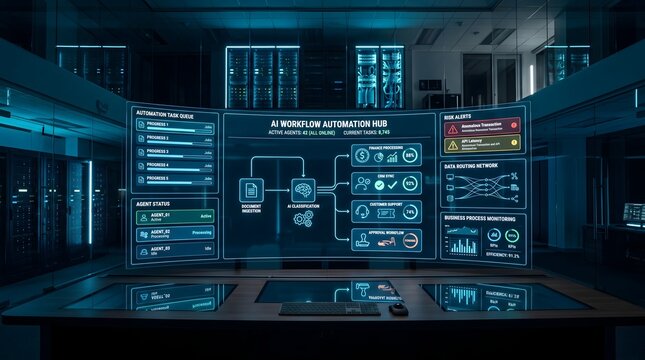 AI workflow automation hub dashboard with risk alerts and business process monitoring