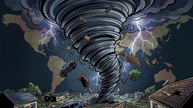 Destructive Tornado Swirling Over A Residential Landscape In A Dramatic Style