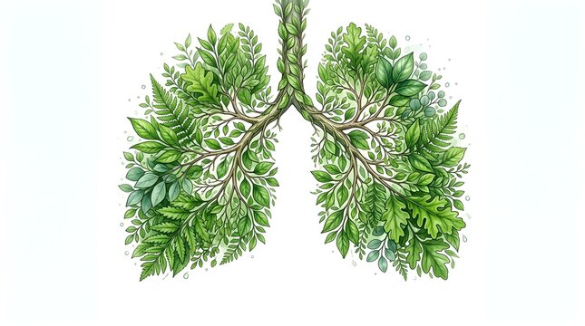 Botanical Lungs Illustration with Green Leaves and Branches