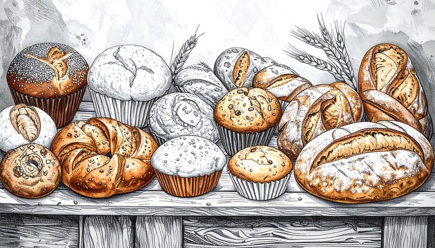Assorted baked goods on rustic wooden display