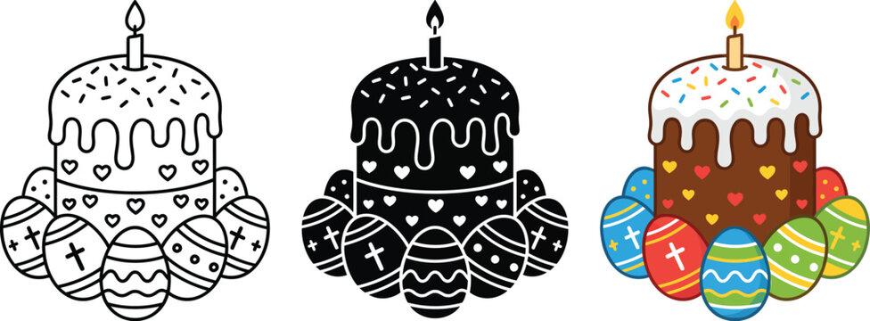 Easter cake with candle and colored eggs icon set in outline glyph and flat design.