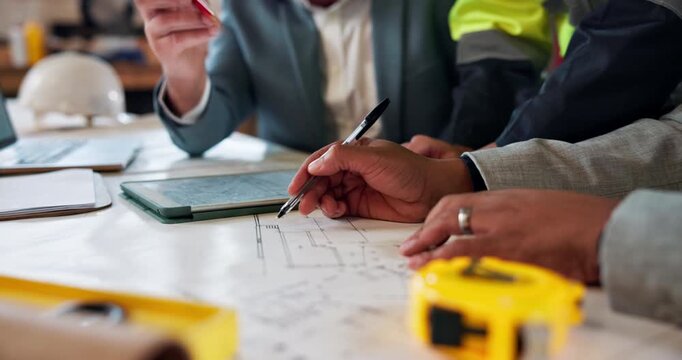 Architect, hands and blueprint with building plan for construction ideas or strategy in office. Civil engineer, team or people with tablet for floor layout, brainstorming or architecture project
