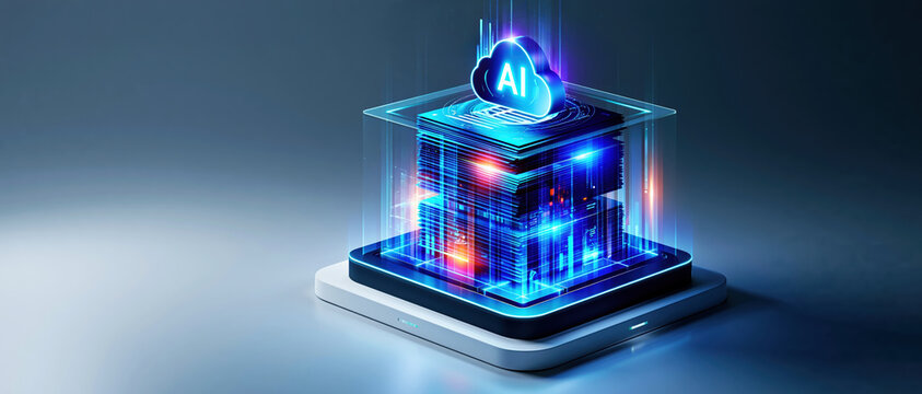 Enterprise ai documen driven digital server cube with glowing cloud icon futuristic data