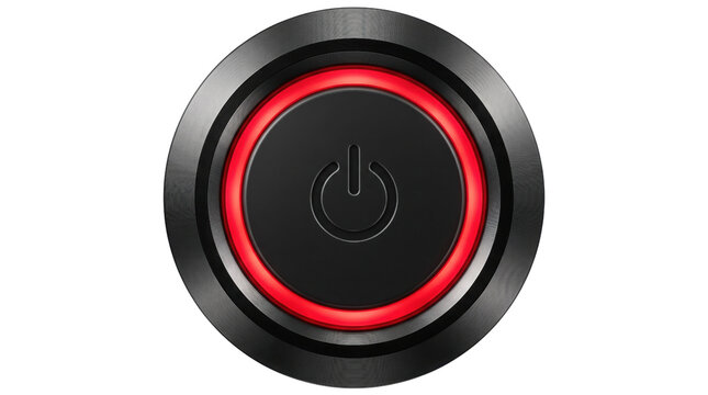 Metallic power button with red glowing ring, industrial black start switch on white background, circular electronic control button for technology