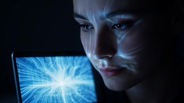 ?Woman interacting with digital display featuring dynamic light patterns in a dark environment