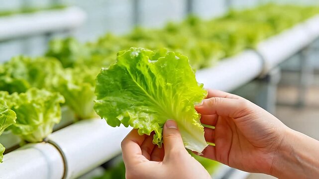 Hands holding fresh lettuce leaf