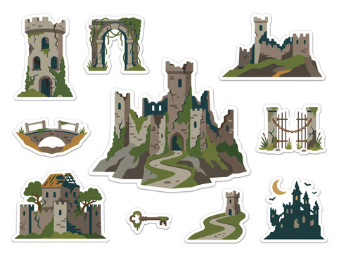 Medieval gothic castle ruins sticker set for fantasy map