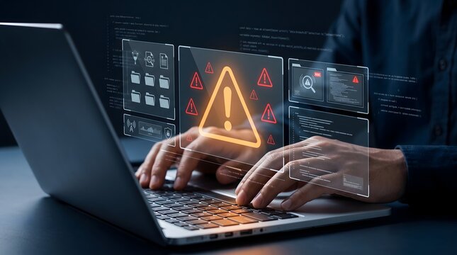 Cybersecurity warning on digital interface with person typing on laptop