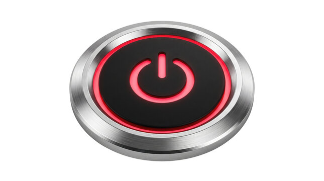 Metallic power button with glowing red LED light, circular chrome start switch on white background, industrial hardware push button for technology interface