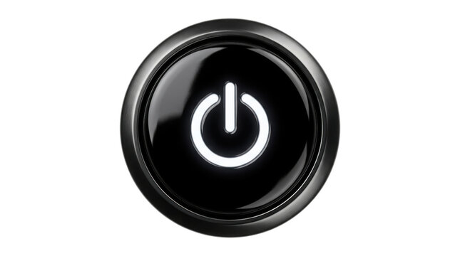 Glossy black power button with glowing white standby icon, circular metallic electronic switch, modern technology interface element on white background