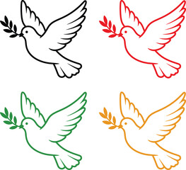 Obraz premium Four flying doves with olive branches in black, red, green, and orange outlines