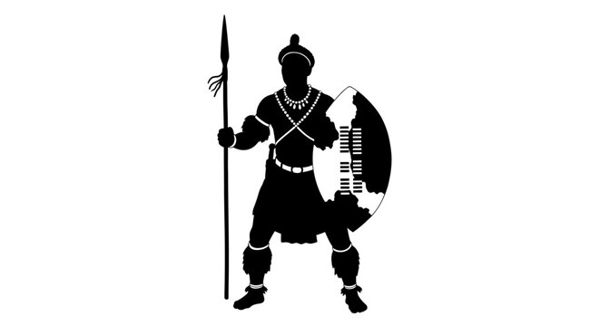 African Zulu warrior silhouette with traditional spear and shield. Tribal soldier in ethnic attire, black and white vector illustration for cultural design.