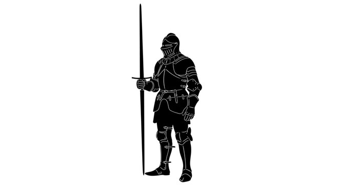 Medieval knight silhouette in full plate armor holding a long sword, black warrior vector illustration, historic soldier standing pose