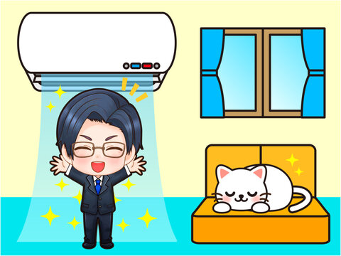 エアコンで冷えた部屋に喜ぶ男性のイラスト素材