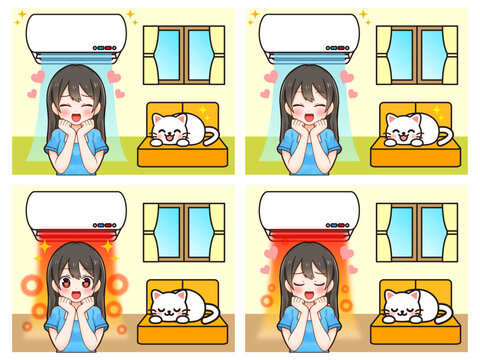 エアコンと部屋と女性のイラスト素材セット