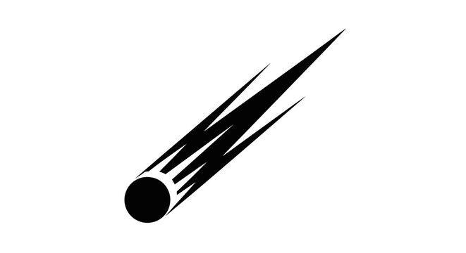 Minimalist comet flying icon, black meteor with speed lines vector, celestial falling star silhouette, astronomical space object graphic