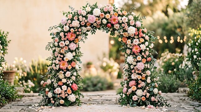 Beautiful floral wedding arch with pink and white roses in an outdoor garden setting